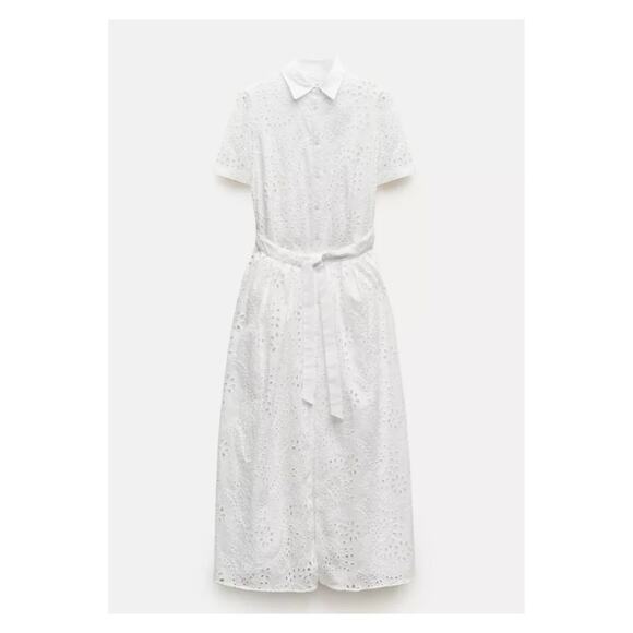 Zara Blogger Favorite White Eyelet Button Front Midi Shirt Dress Sz.S - Picture 5 of 13
